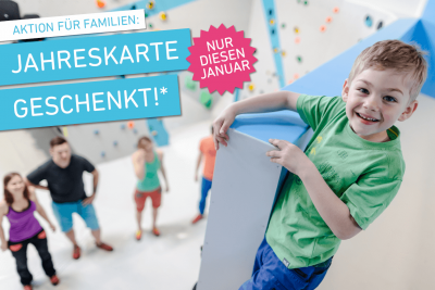 Extra Aktion für Familien in der Boulderwelt München Süd. Jahreskarte für Kinder im Januar geschenkt.