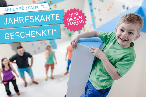 Extra Aktion für Familien in der Boulderwelt München Süd. Jahreskarte für Kinder im Januar geschenkt.